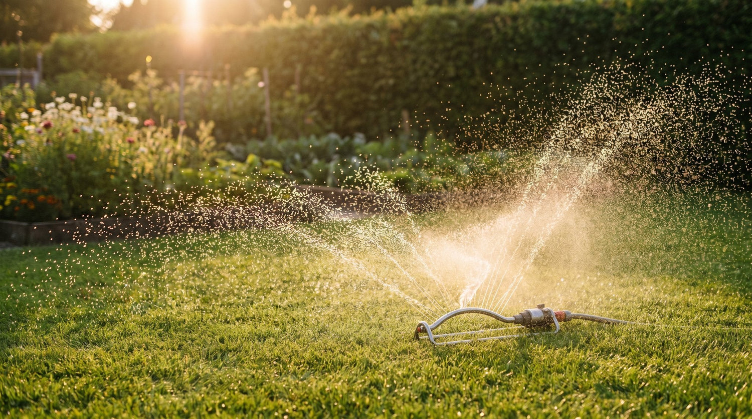 Rasensprenger bewässert bei Sonnenuntergang den Rasen im Garten